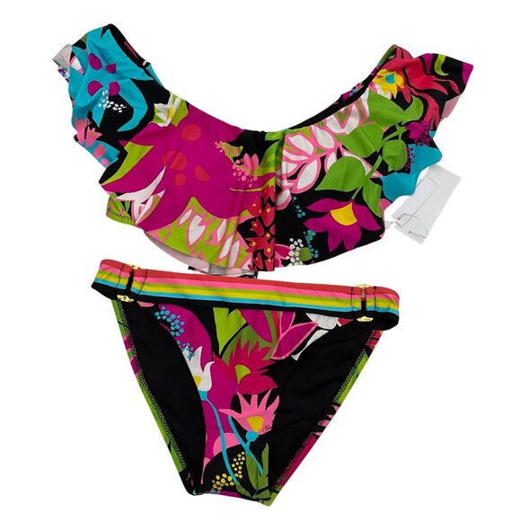 Trina Turk Tiki Off The Shoulder Ruffle Bandeau Shirred Ring Hipster Set 6 NWT - Picture 1 of 11